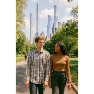 International Laundry Brown Tan Blue Plaid Button Down Size Large